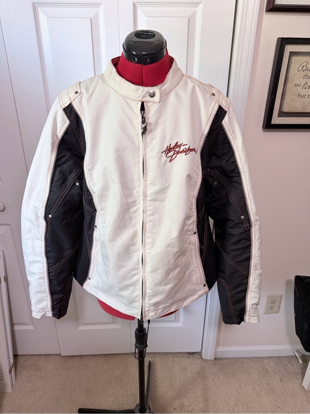 Harley-Davidson White and Black Women's Leather Motorcycle Jacket with Red Logo
